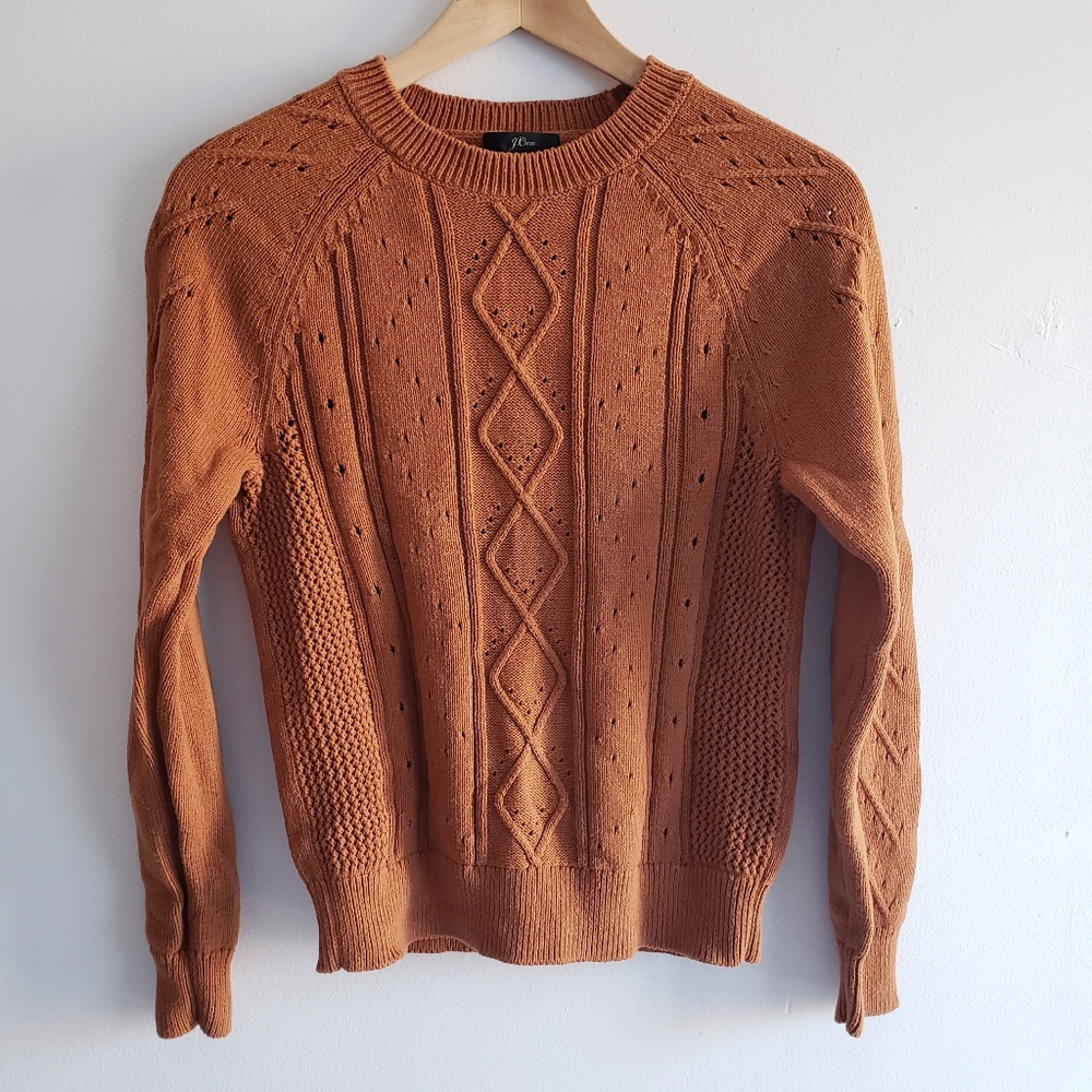 J. Crew Crewneck cable pointelle cotton sweater Small Scandi Pumpkin Caramel